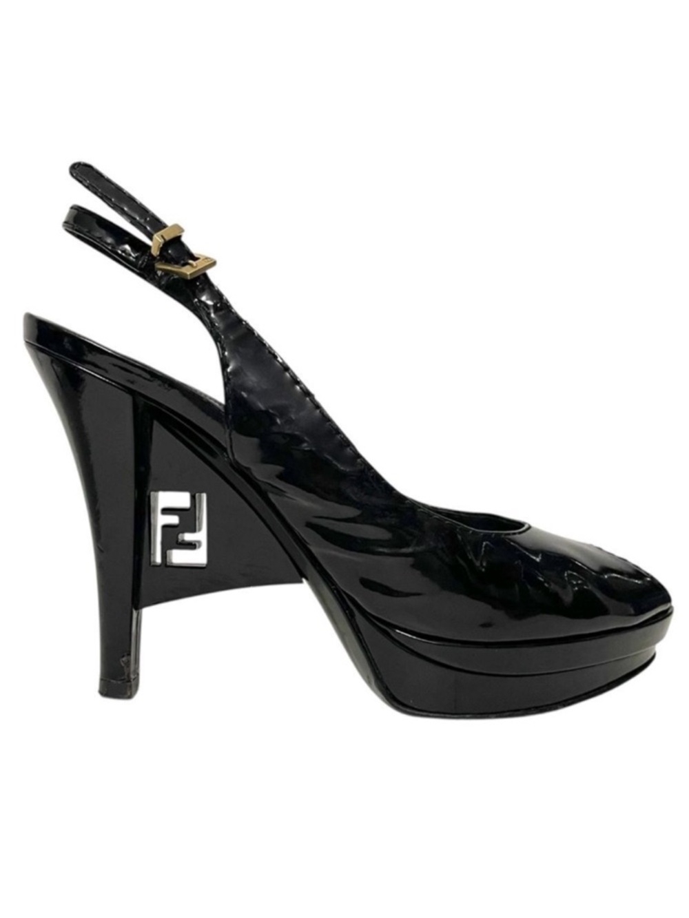FENDI Patent Leather Slingback Logo Heel Peeptoe Sandals 37